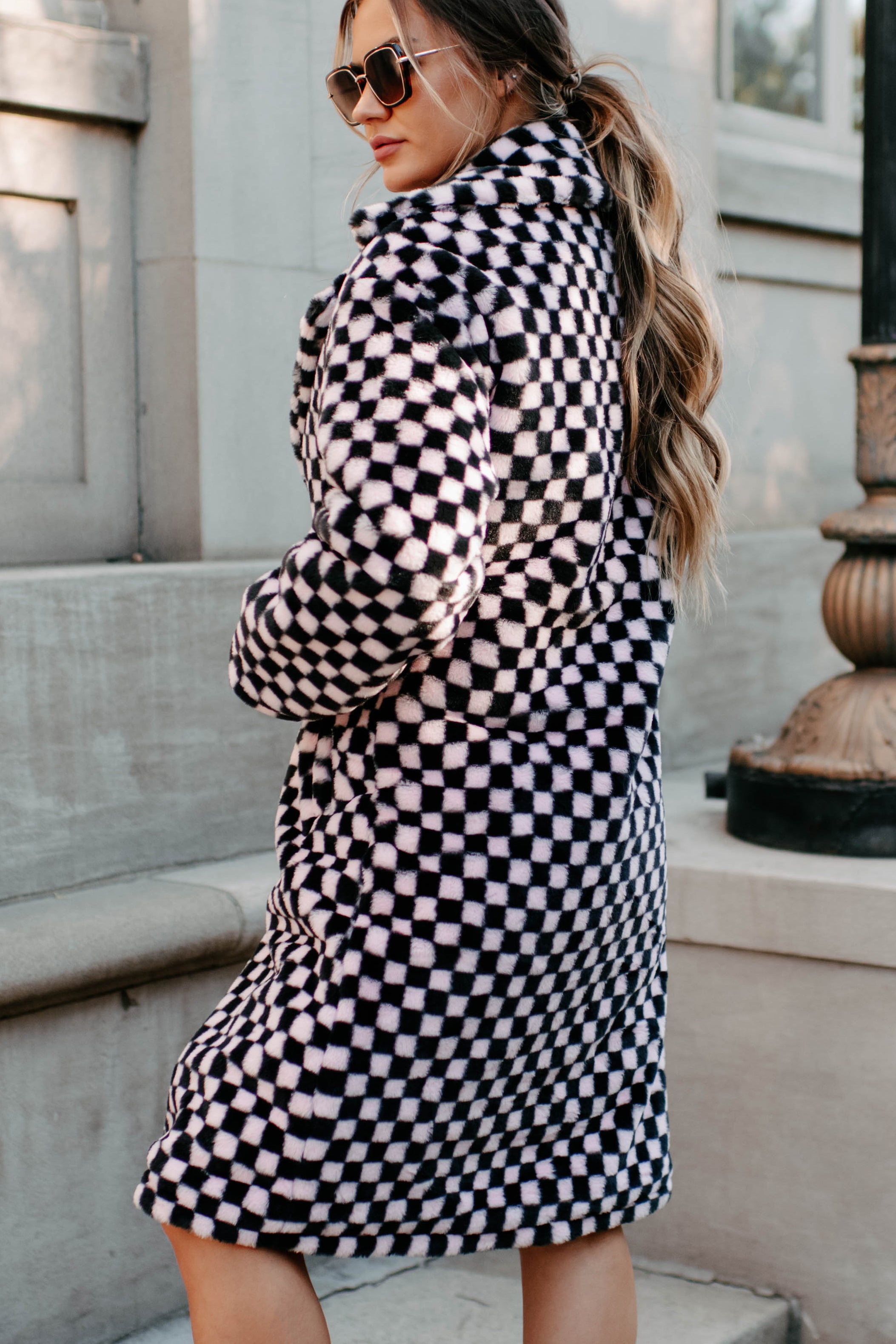 Checkered faux sale fur coat