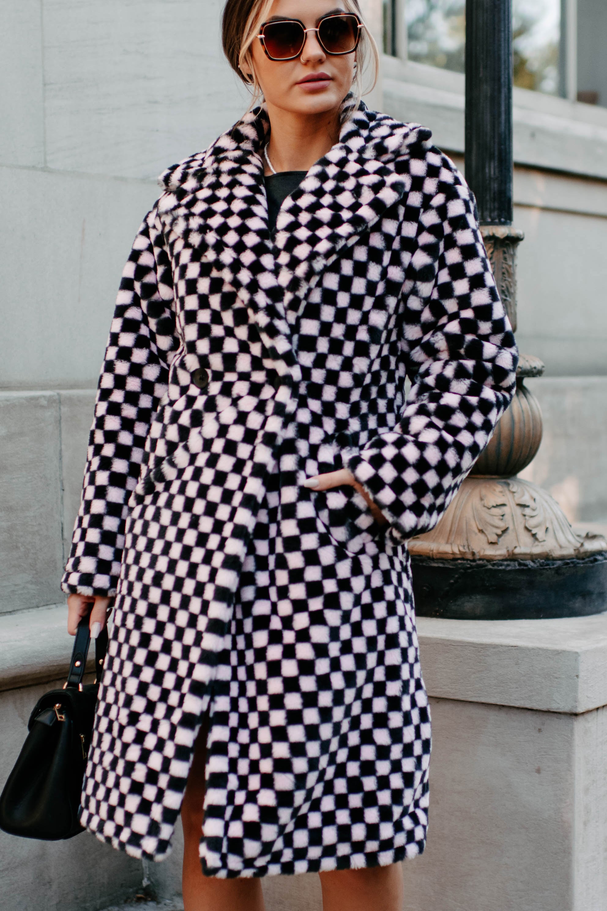 Call My Lawyer Checkered Faux Fur Coat (Black & Pink) · NanaMacs