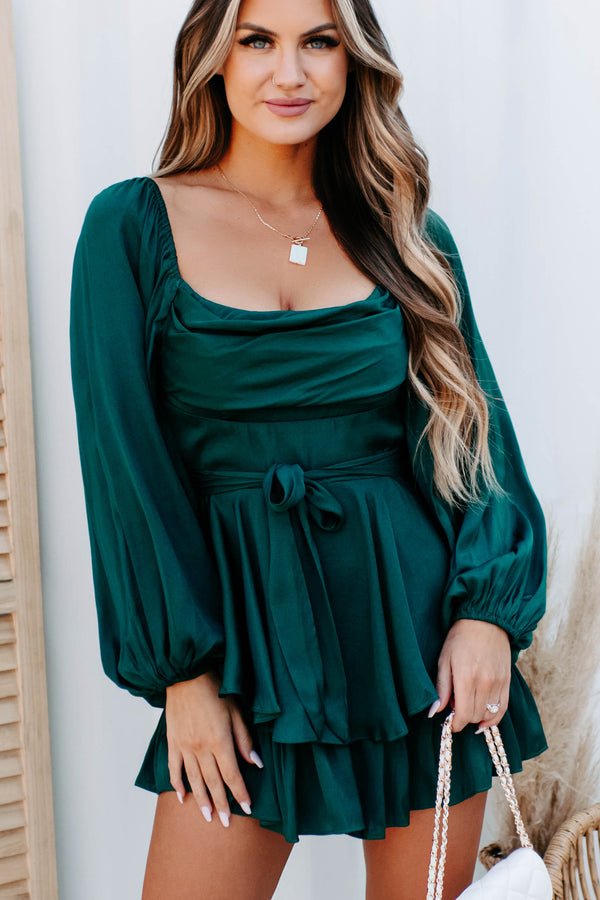 Definitely Dateable Tiered Satin Romper (Forest Green) - NanaMacs