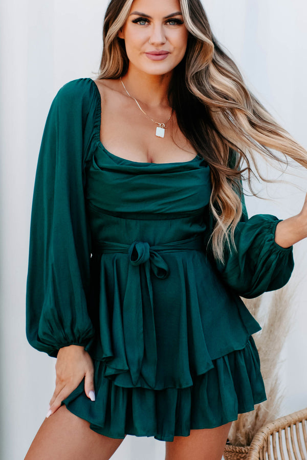 Definitely Dateable Tiered Satin Romper (Forest Green) - NanaMacs