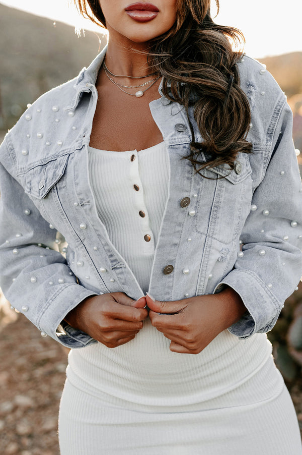 Pretty As A Pearl Pearl Embellished Cropped Denim Jacket (Light) - NanaMacs