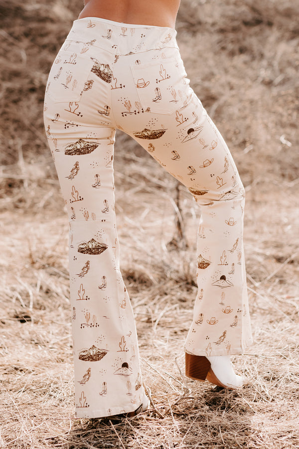 Cowgirl Courage Western Print Twill Flare Pants (Beige) - NanaMacs