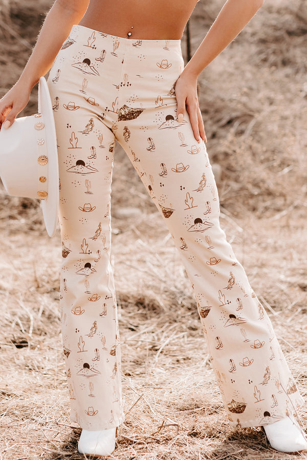 Cowgirl Courage Western Print Twill Flare Pants (Beige) - NanaMacs