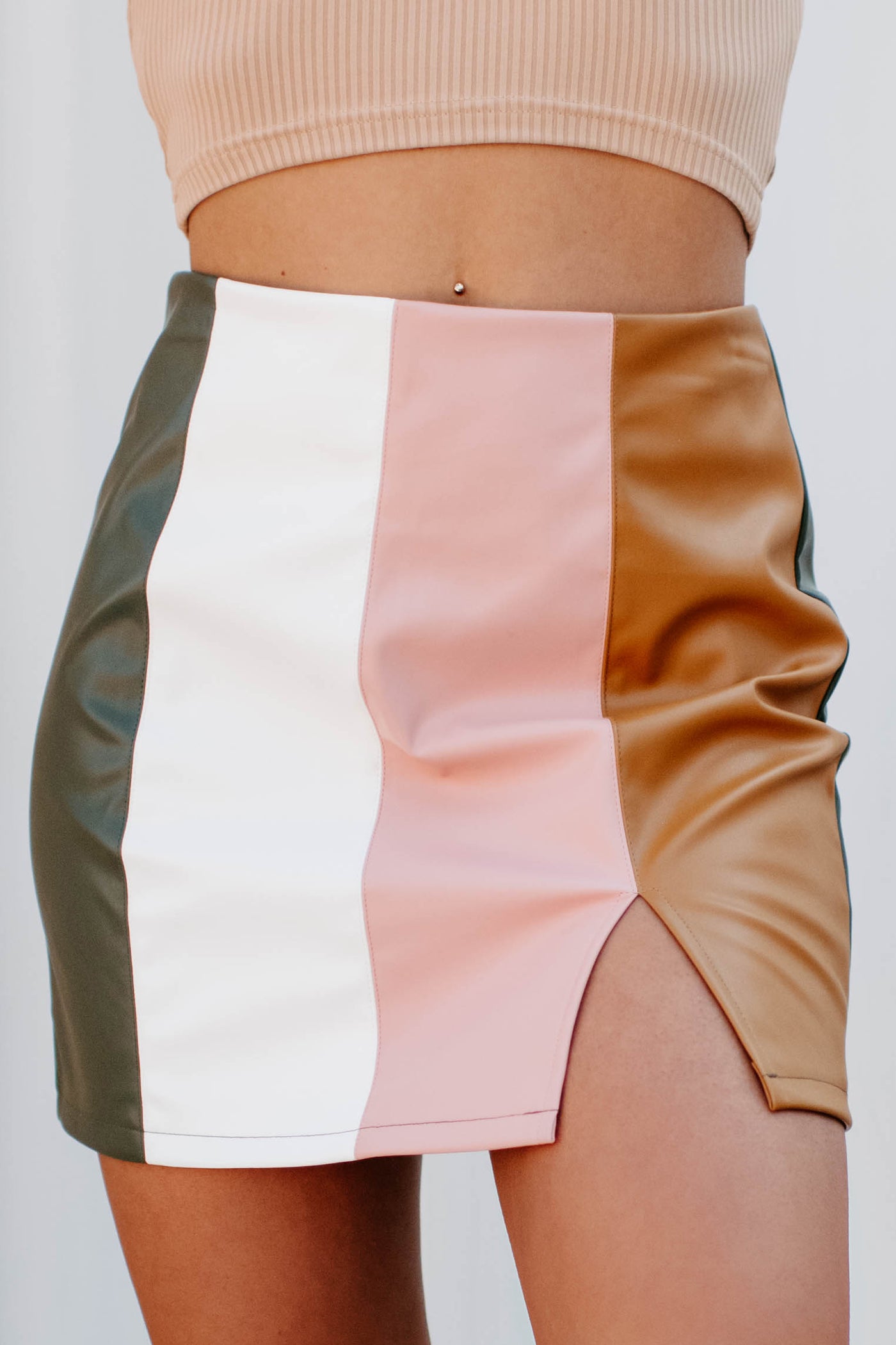 Out Past Midnight Colorblock Faux Leather Skirt (Olive Multi) - NanaMacs