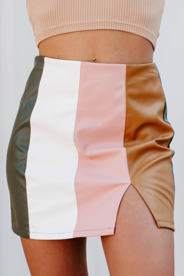 Out Past Midnight Colorblock Faux Leather Skirt (Olive Multi) - NanaMacs