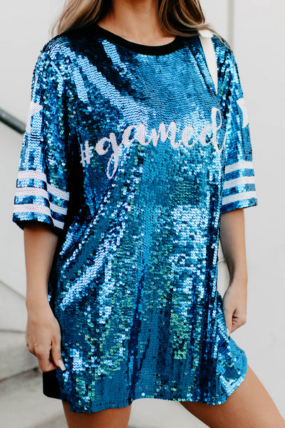 Gameday Glam Sequin T-Shirt Dress (Blue/White) - NanaMacs