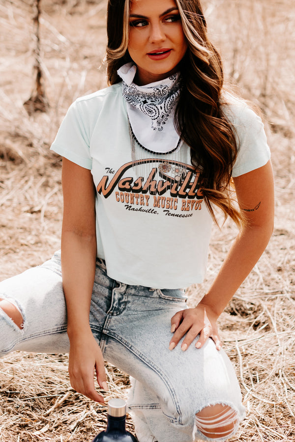 "Country Music Revue" Graphic Crop Tee (Mint Blue) - NanaMacs