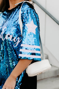 Gameday Glam Sequin T-Shirt Dress (Blue/White) - NanaMacs