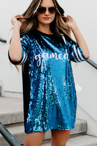 Gameday Glam Sequin T-Shirt Dress (Blue/White) - NanaMacs