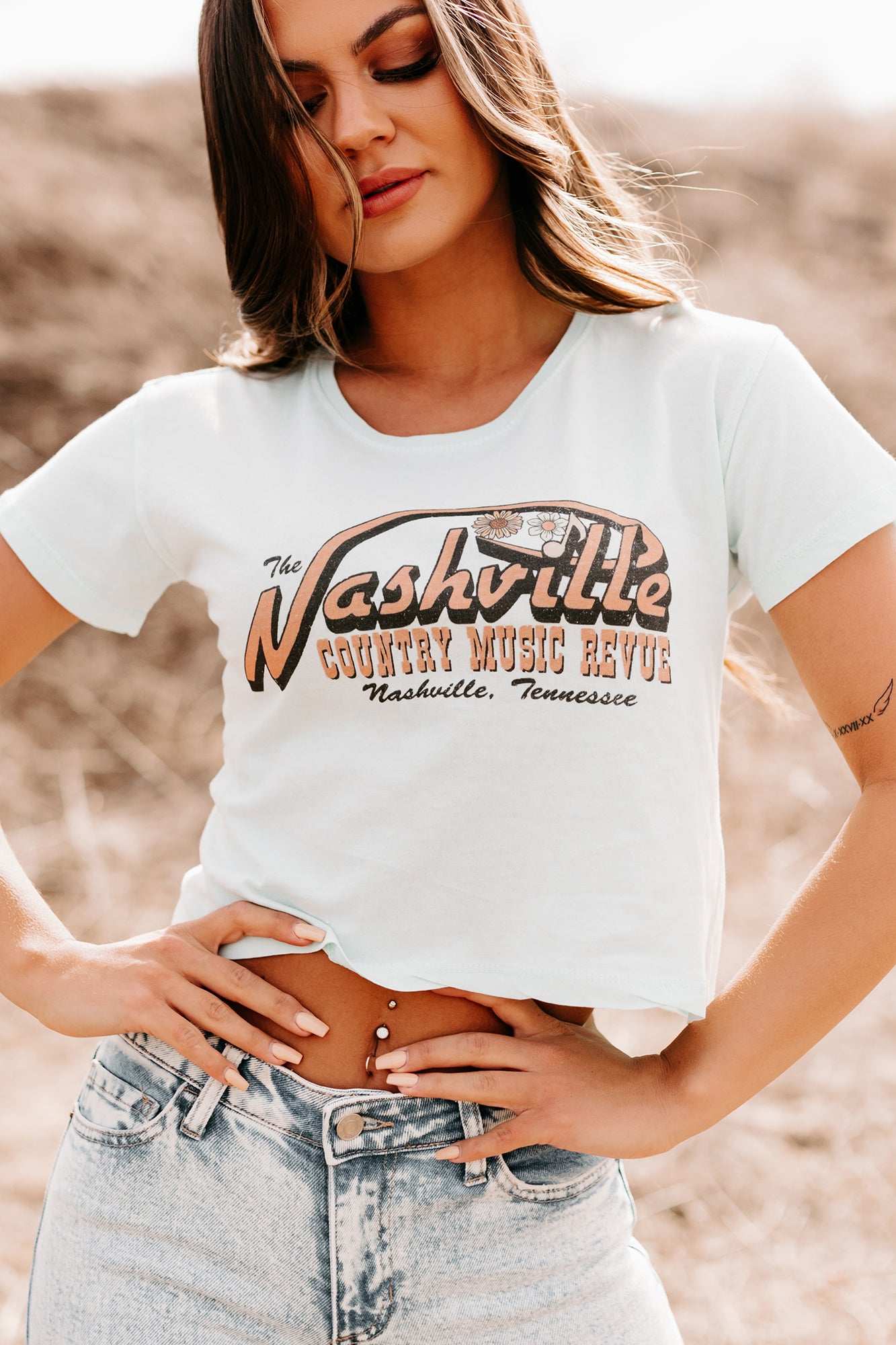 "Country Music Revue" Graphic Crop Tee (Mint Blue) - NanaMacs