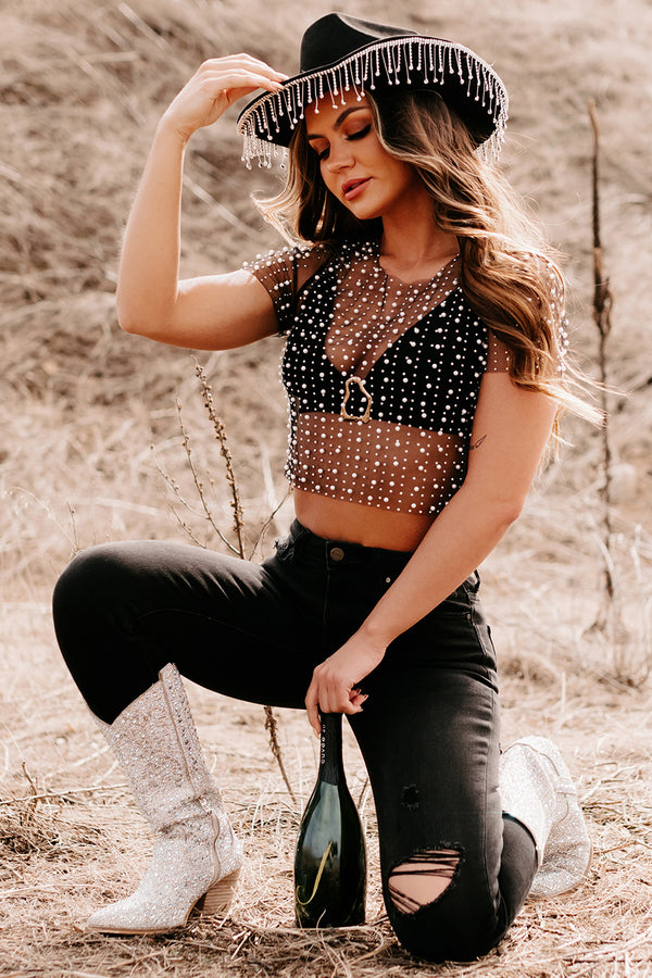 No Inhibitions Pearl & Rhinestone Mesh Crop Top (Black) - NanaMacs