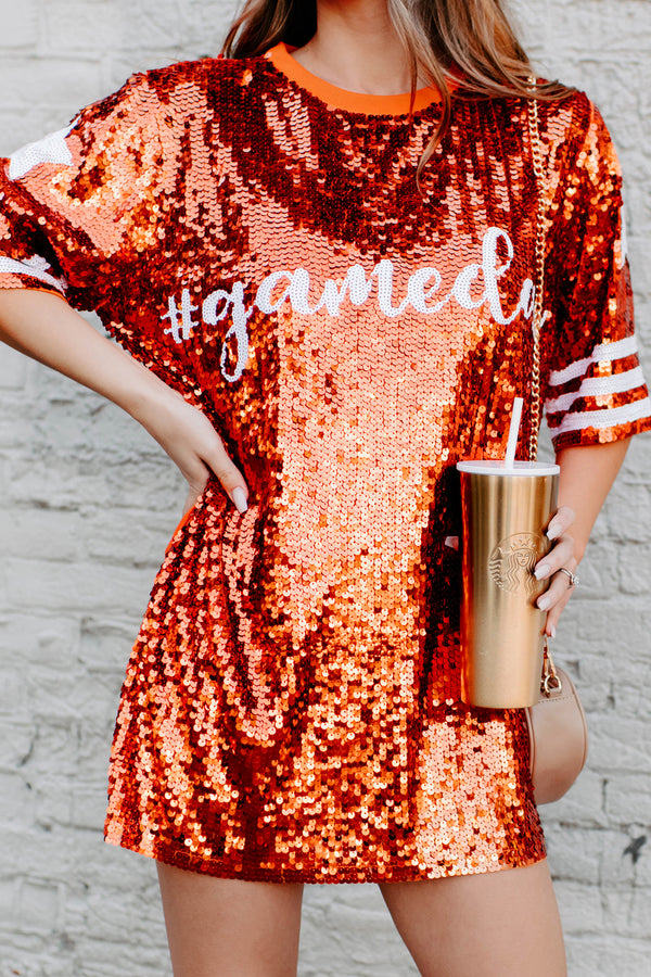 Gameday Glam Sequin T-Shirt Dress (Orange) - NanaMacs