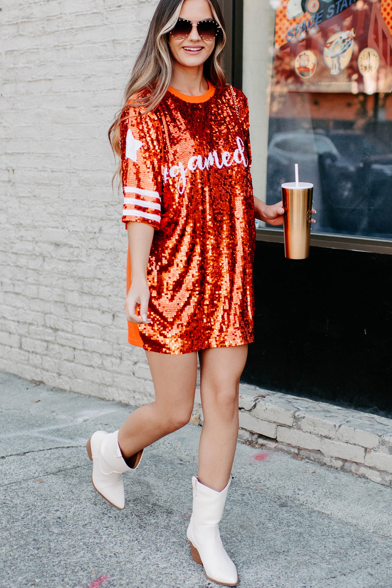 Gameday Glam Sequin T-Shirt Dress (Orange) - NanaMacs