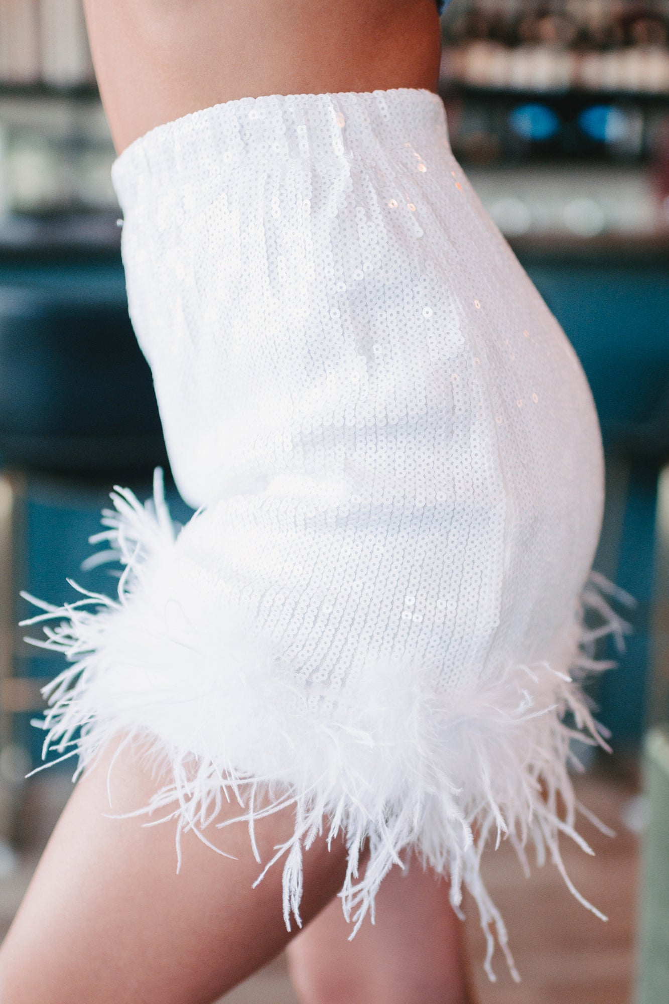 Sequin Sensation High Waisted Sequin Feather Mini Skirt (White) - NanaMacs