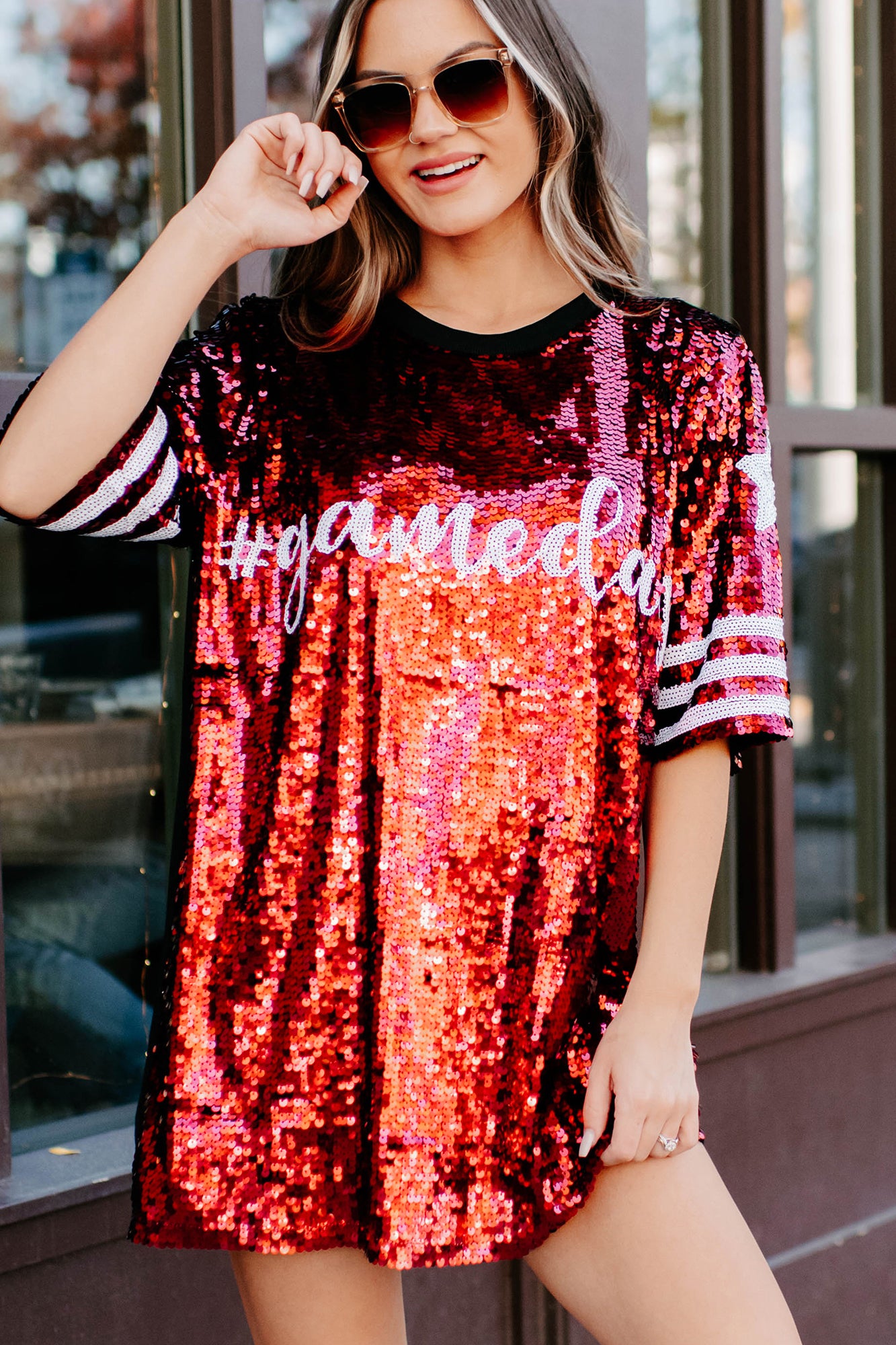 Gameday Glam Sequin T-Shirt Dress (Red/White) - NanaMacs