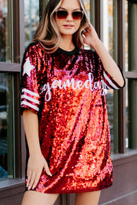 Gameday Glam Sequin T-Shirt Dress (Red/White) - NanaMacs