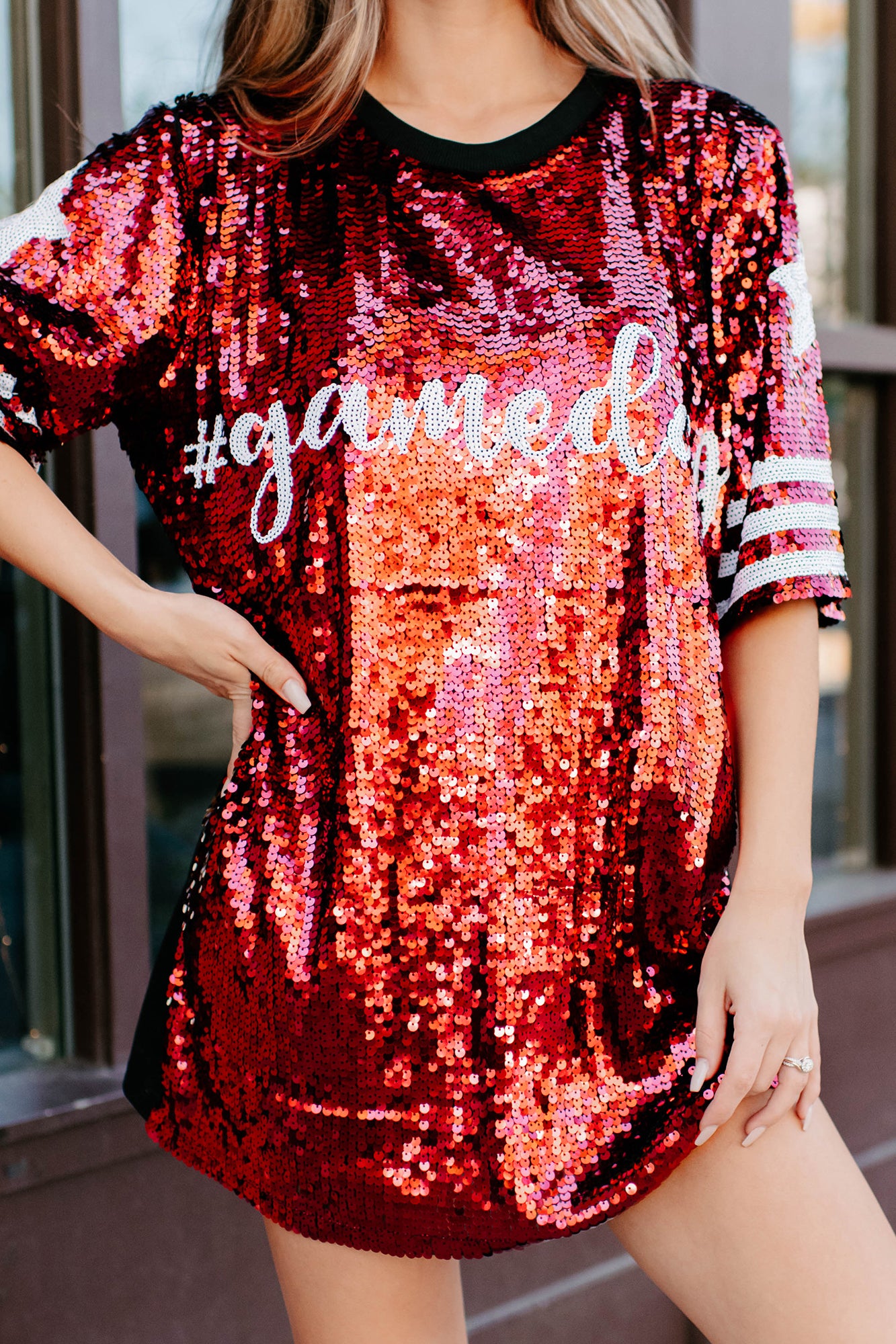 Gameday Glam Sequin T-Shirt Dress (Red/White)