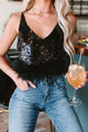 Ruffle Some Feathers Sequin Feather Trimmed Top (Black) - NanaMacs