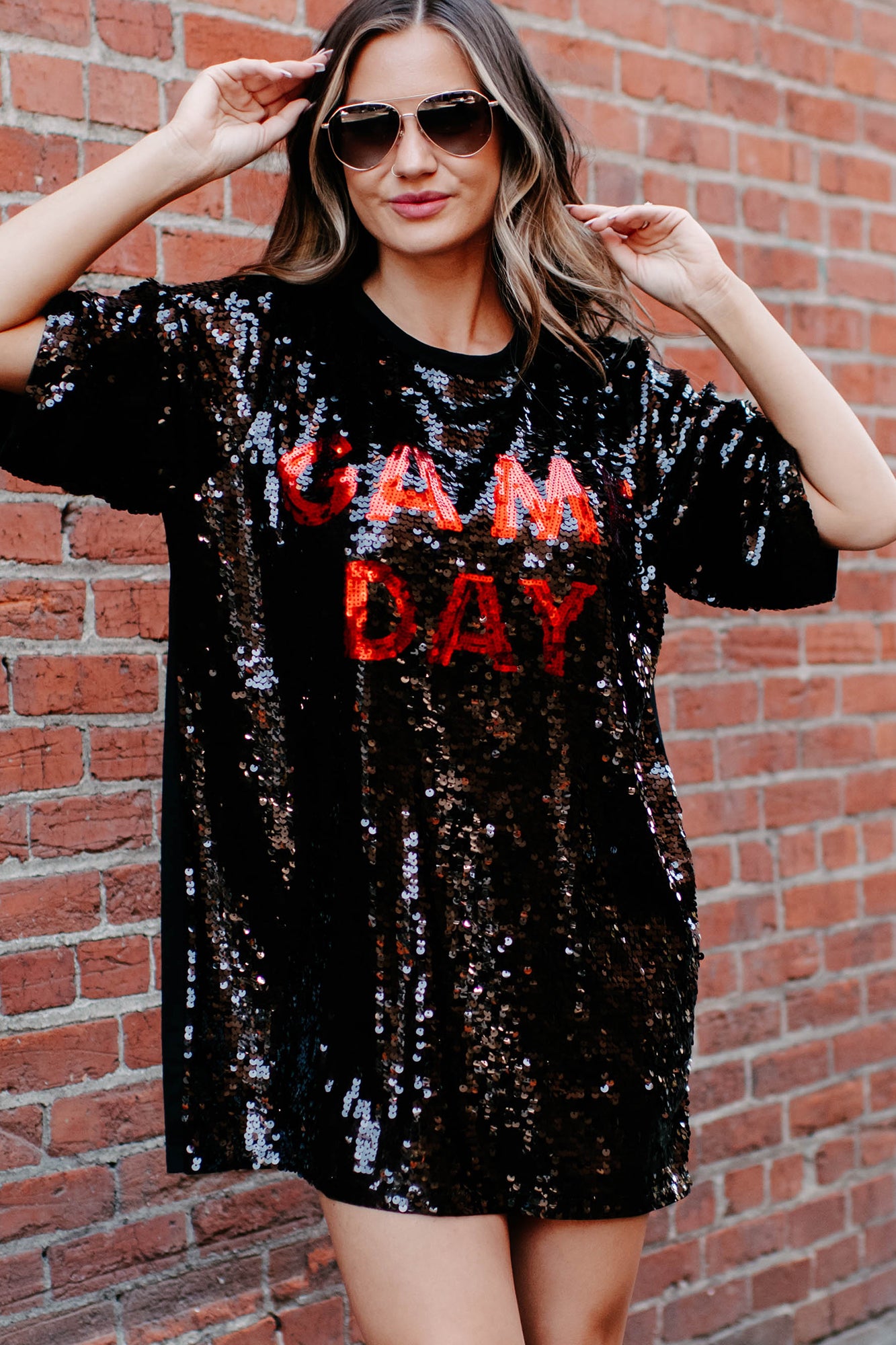 Game Day Sequin T-Shirt Dress - Red/White