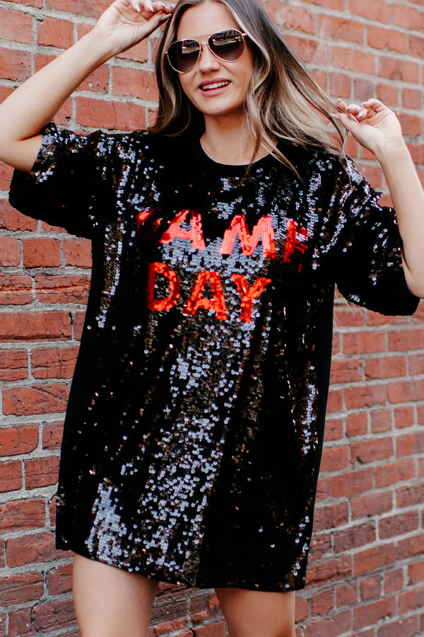 Game Day Ready Sequin Game Day T-Shirt Dress (Black/Red) - NanaMacs