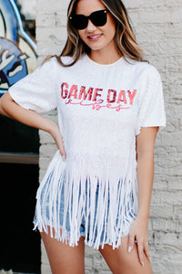 Game Day Vibes Sequin Fringe Top (White/Red) - NanaMacs