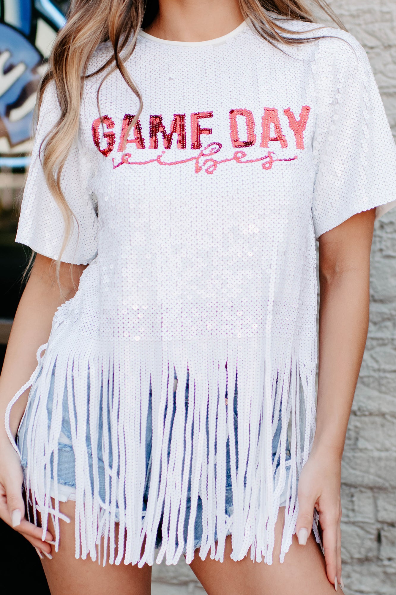 Game Day Vibes Sequin Fringe Top (White/Red) - NanaMacs