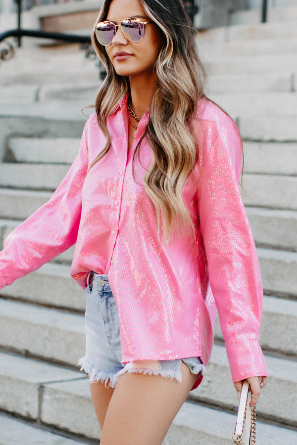 Girly Goals Sequin Button-Down Shirt (Pink) - NanaMacs