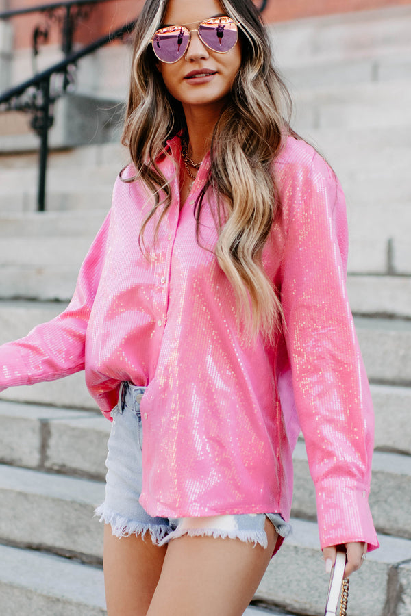 Girly Goals Sequin Button-Down Shirt (Pink) - NanaMacs