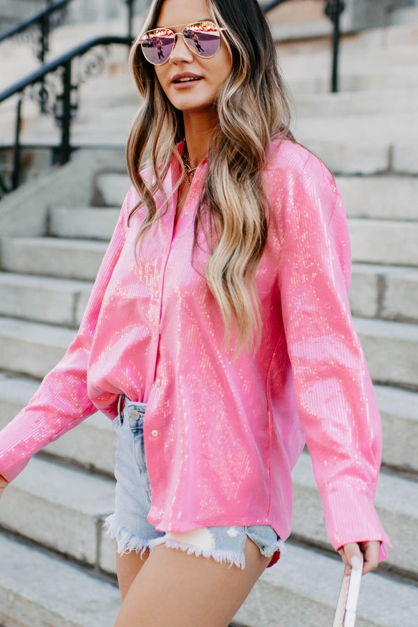 Girly Goals Sequin Button-Down Shirt (Pink) - NanaMacs