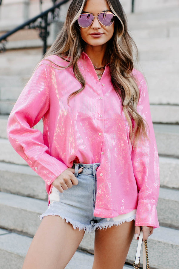 Girly Goals Sequin Button-Down Shirt (Pink) - NanaMacs