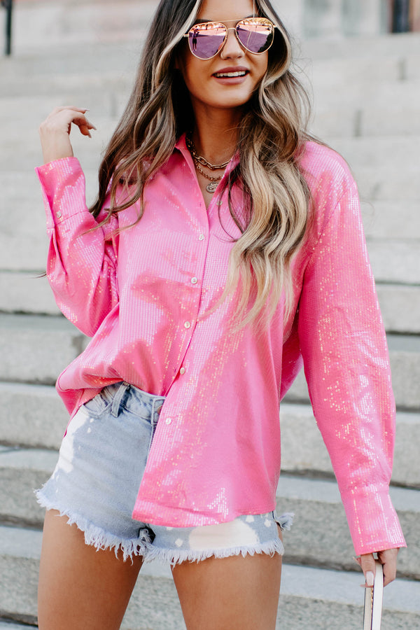 Girly Goals Sequin Button-Down Shirt (Pink) - NanaMacs