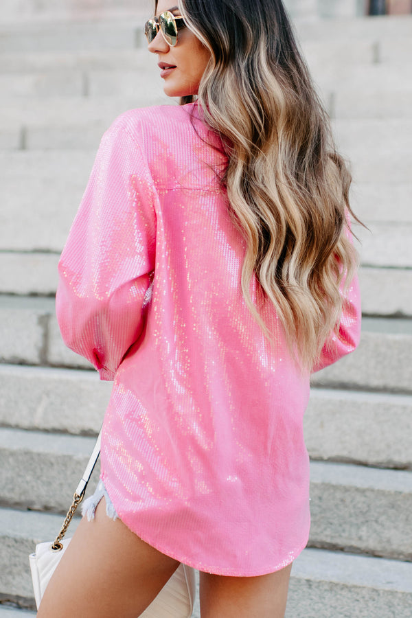 Girly Goals Sequin Button-Down Shirt (Pink) - NanaMacs