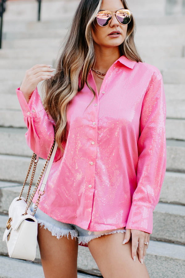 Girly Goals Sequin Button-Down Shirt (Pink) - NanaMacs