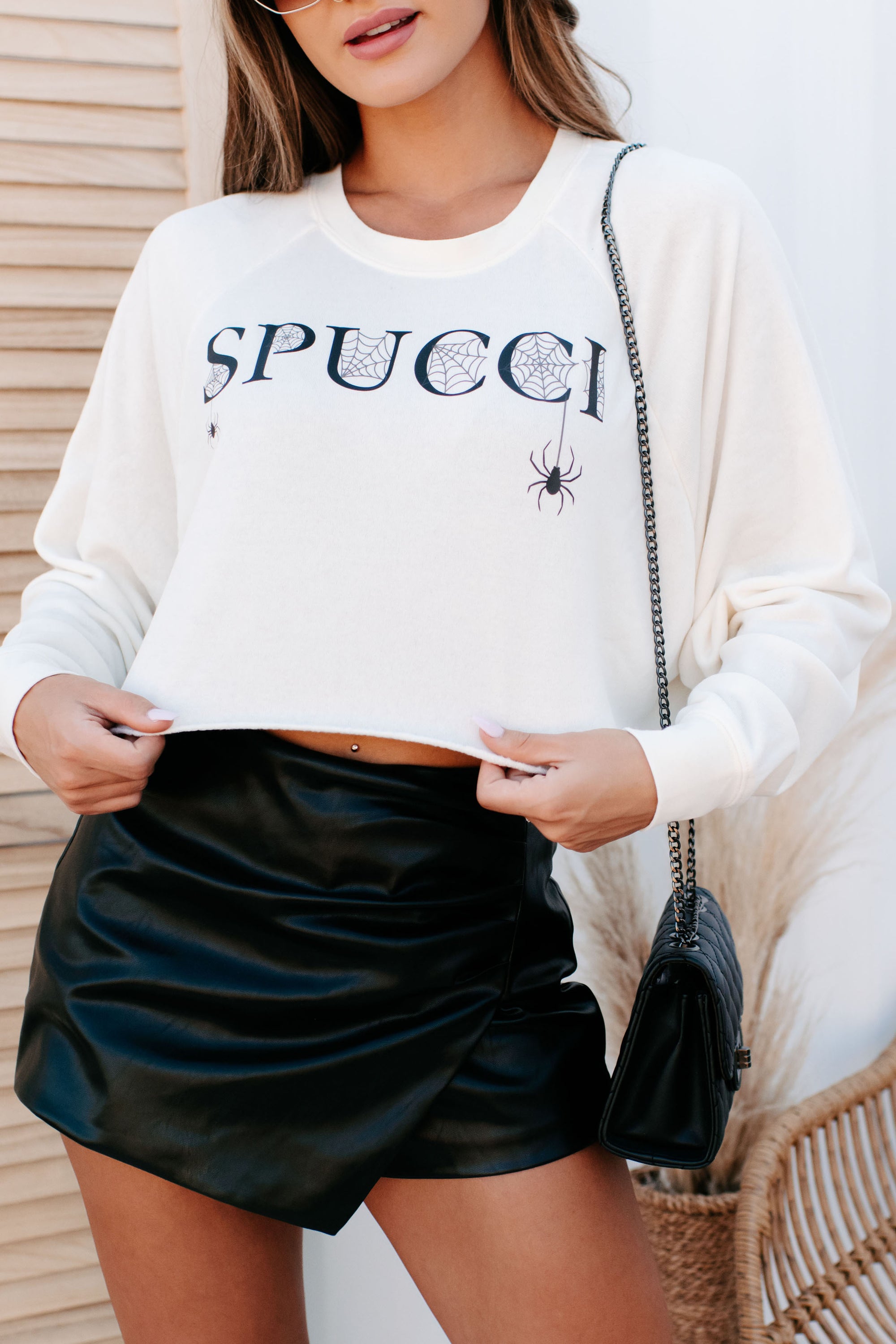 "Spucci" Raw Hem Cropped Graphic Pullover (French Vanilla) - Print On Demand - NanaMacs