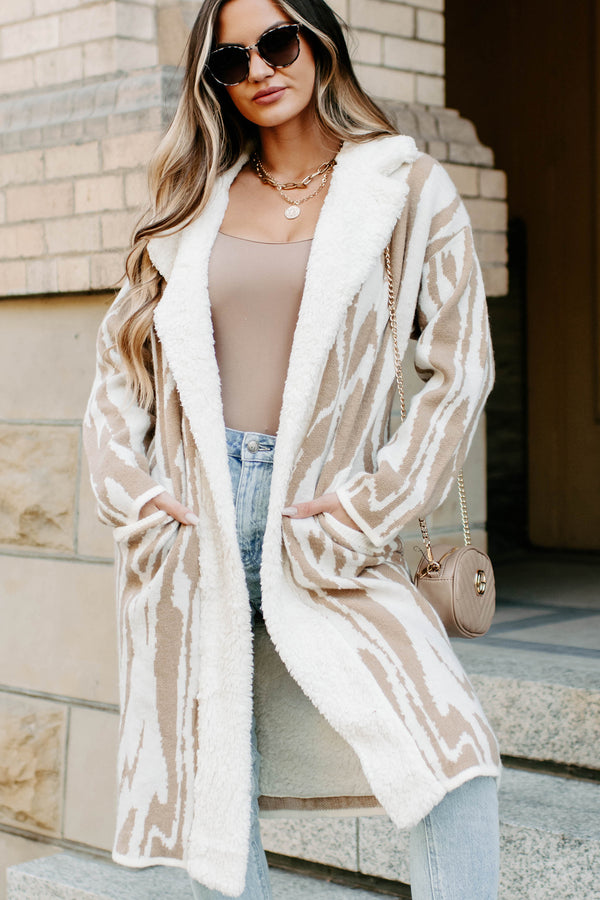 Deep In My Thoughts Sherpa Lined Cardigan (Cream/Tan) - NanaMacs