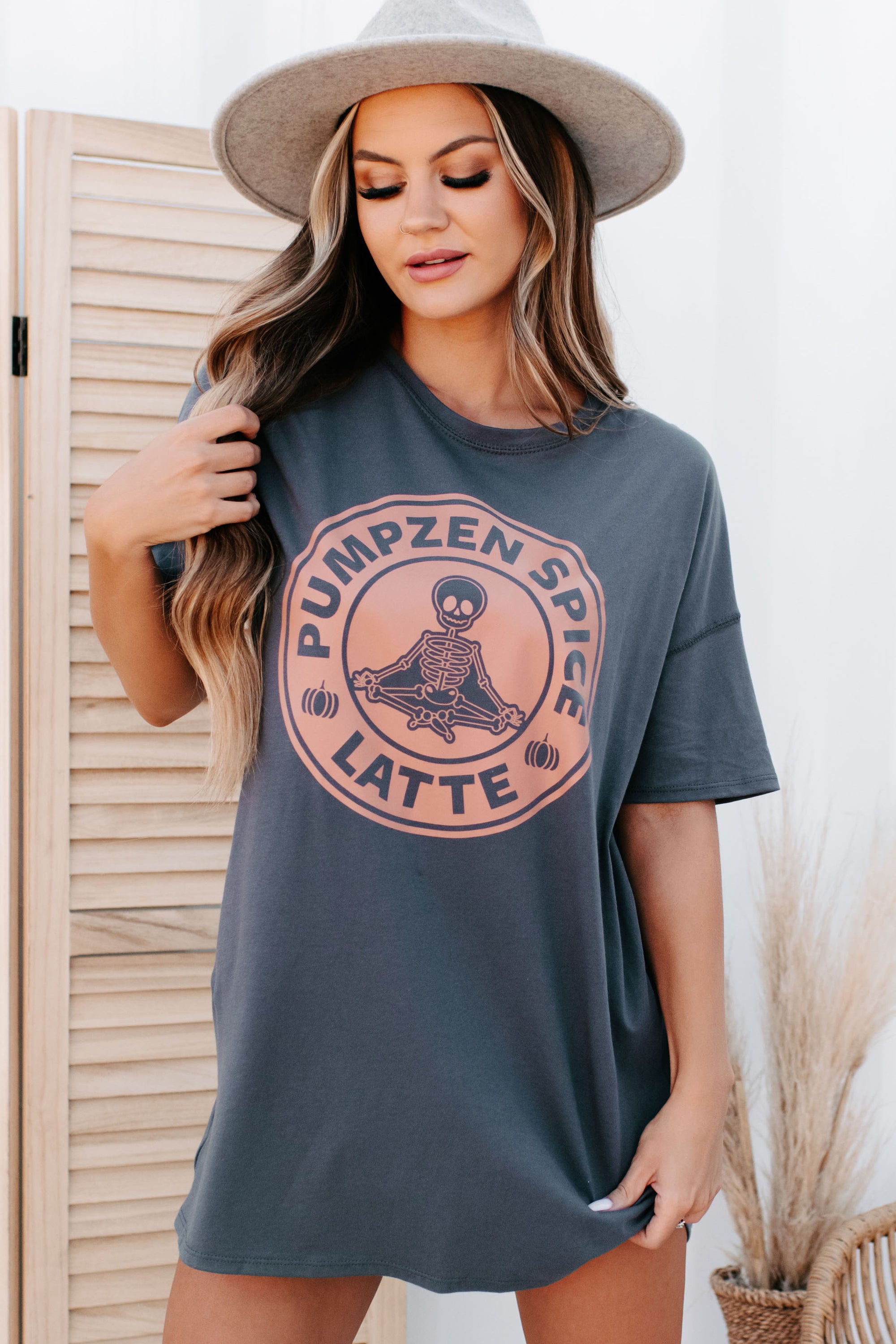 "Pumpzen Spice Latte" Oversized Graphic T-Shirt Dress (Charcoal) - Print On Demand - NanaMacs