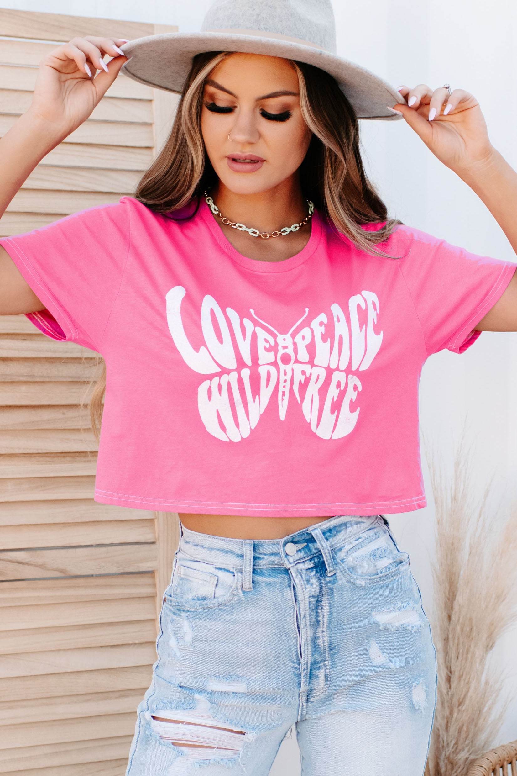 Love, Peace, Wild, & Free Cropped Graphic Tee (Pink) - NanaMacs