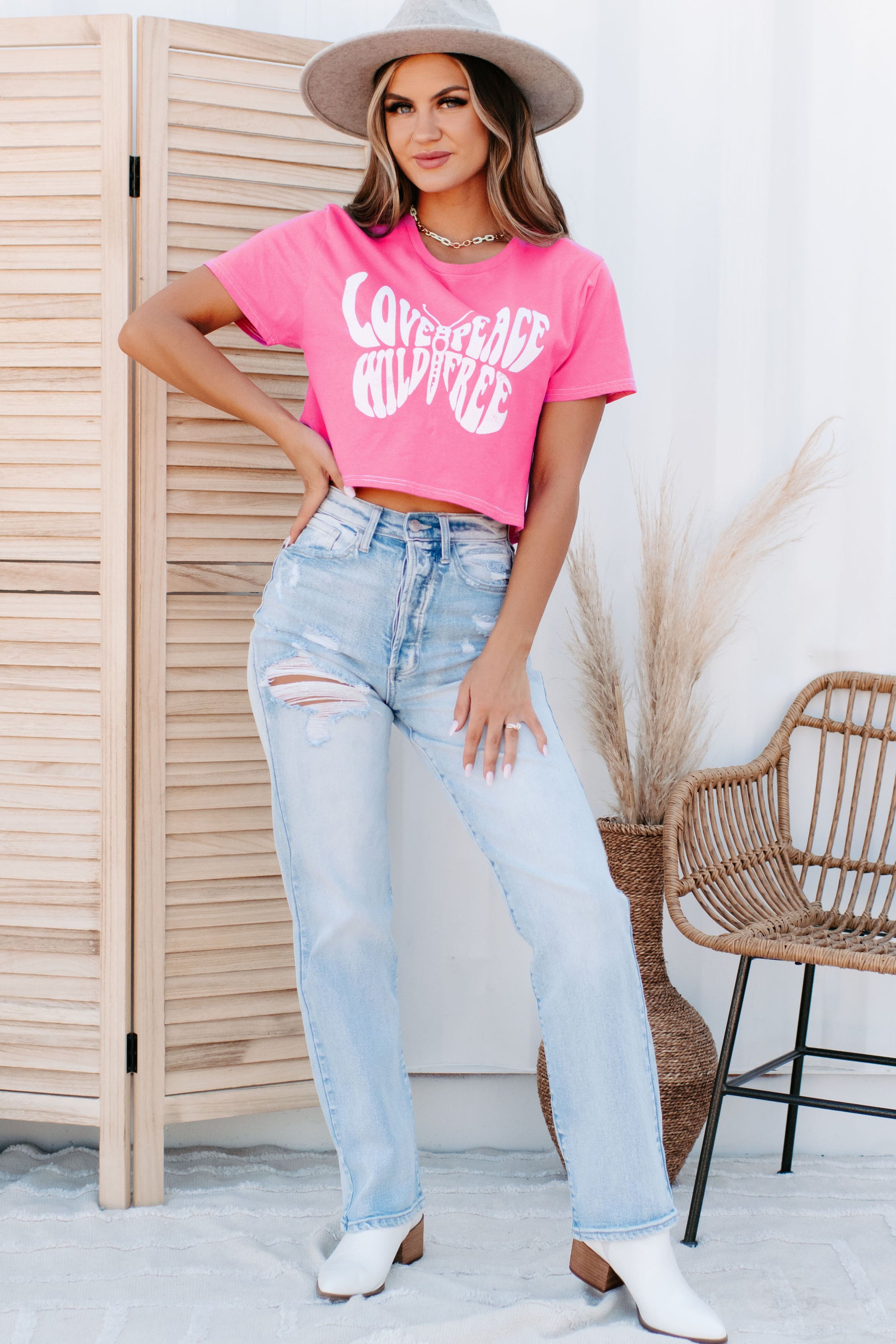 Love, Peace, Wild, & Free Cropped Graphic Tee (Pink) - NanaMacs