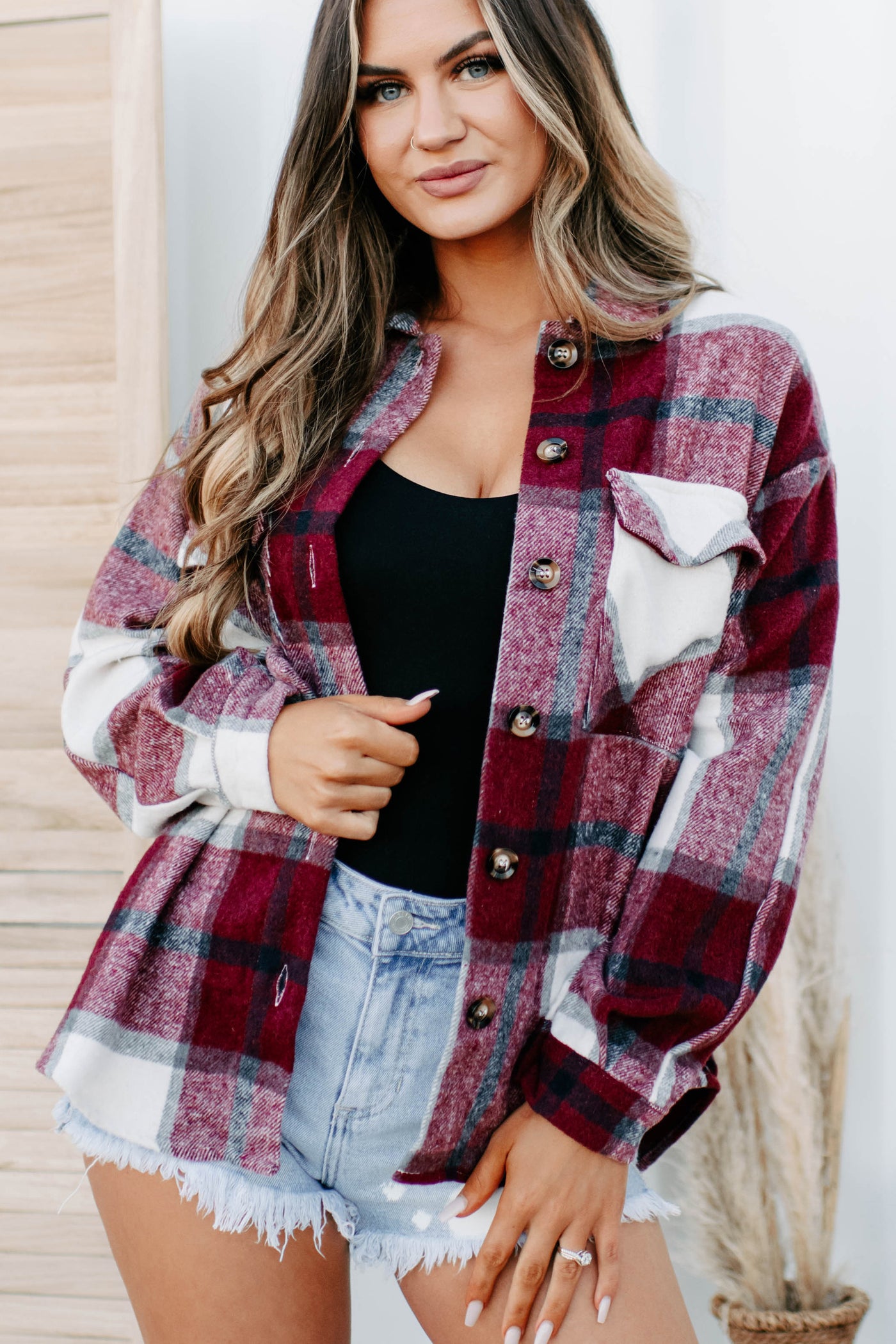 Short On Patience Plaid Shacket (Burgundy) - NanaMacs