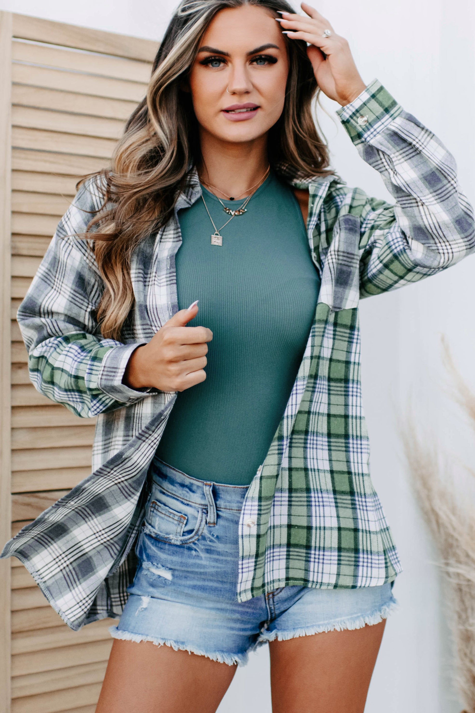 Julissa Oversized Plaid Button-Up Shirt (Green) - NanaMacs