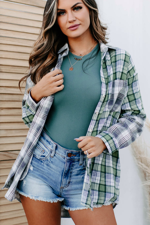 Julissa Oversized Plaid Button-Up Shirt (Green) - NanaMacs