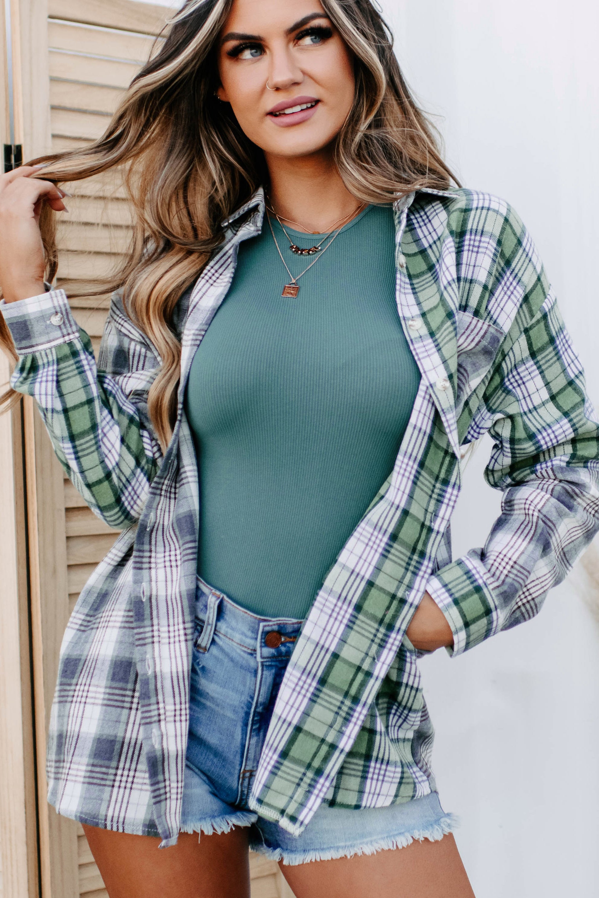 Julissa Oversized Plaid Button-Up Shirt (Green) - NanaMacs