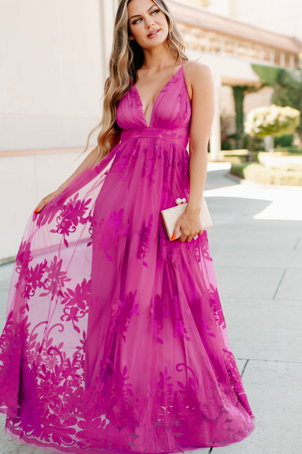 Eternal Bond Floral Velvet Mesh Maxi Dress (Magenta) - NanaMacs