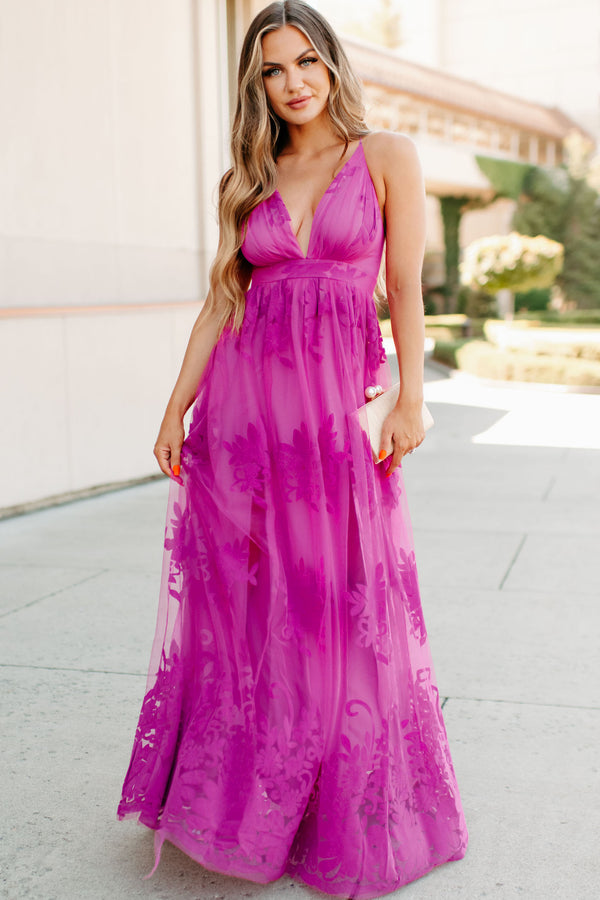 Eternal Bond Floral Velvet Mesh Maxi Dress (Magenta) - NanaMacs