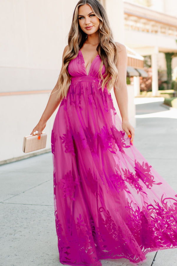 Eternal Bond Floral Velvet Mesh Maxi Dress (Magenta) - NanaMacs