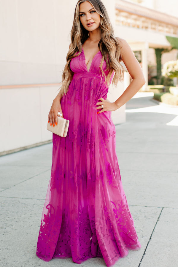 Eternal Bond Floral Velvet Mesh Maxi Dress (Magenta) - NanaMacs