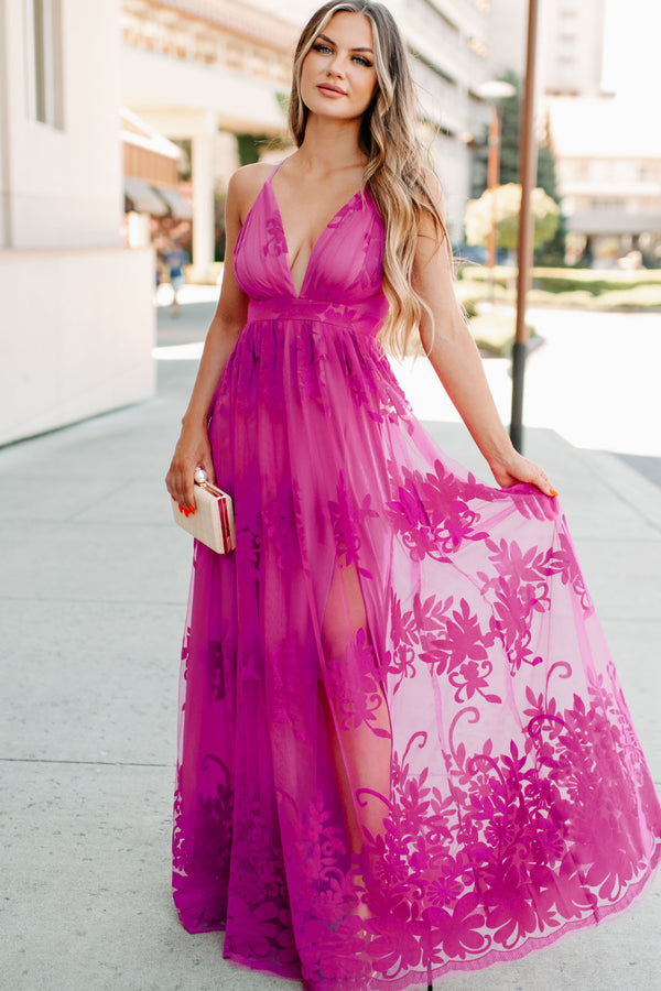 Eternal Bond Floral Velvet Mesh Maxi Dress (Magenta) - NanaMacs