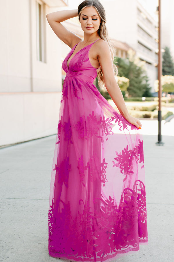 Eternal Bond Floral Velvet Mesh Maxi Dress (Magenta) - NanaMacs