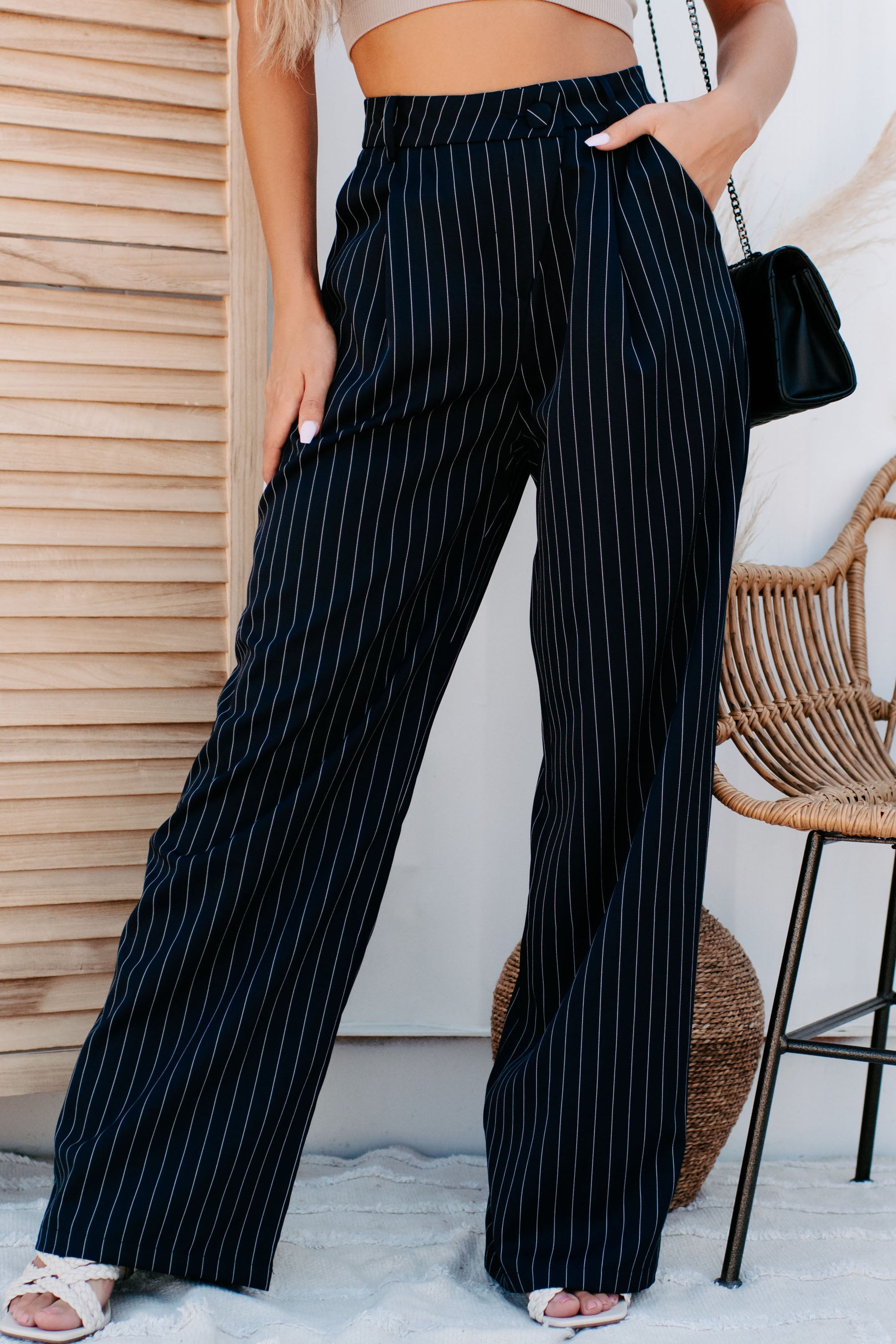 Black Pinstripe High Waist Straight Leg Pants | PrettyLittleThing KSA