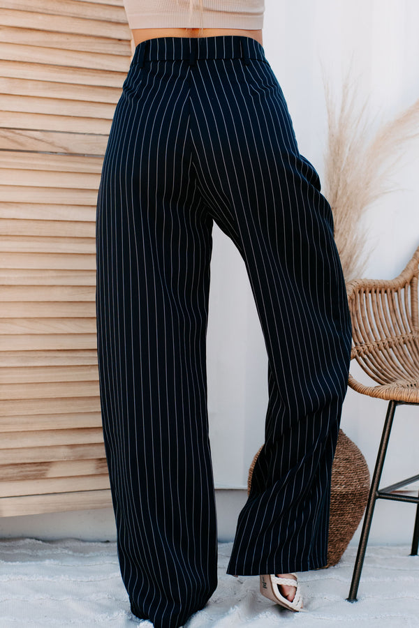 Fall From Grace Pinstripe Wide Leg Pants (Dark Indigo/White) - NanaMacs